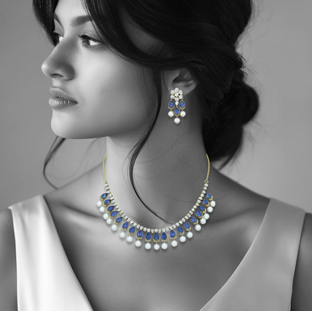 Tanzanite Necklace Set with Polki Diamonds and Pearl Drops